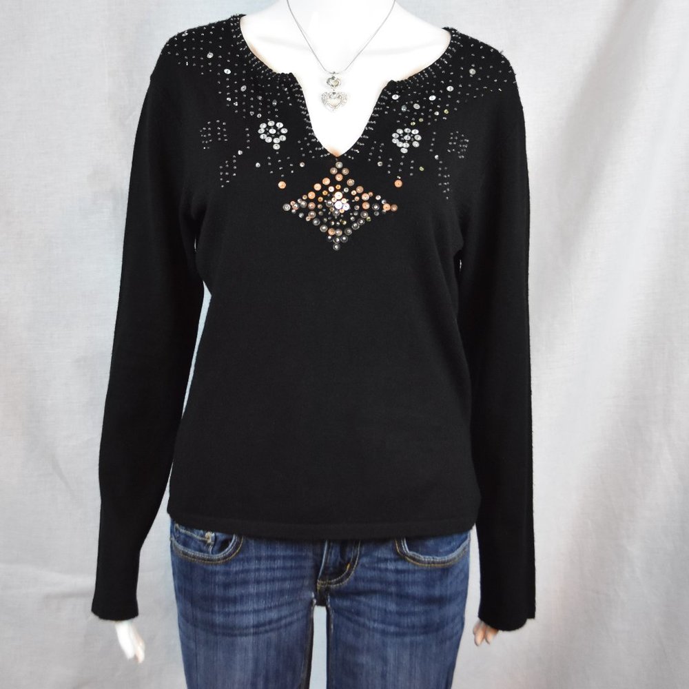 Allison Brittney size Large Beaded and Sequined Black Knit V-Neck Top